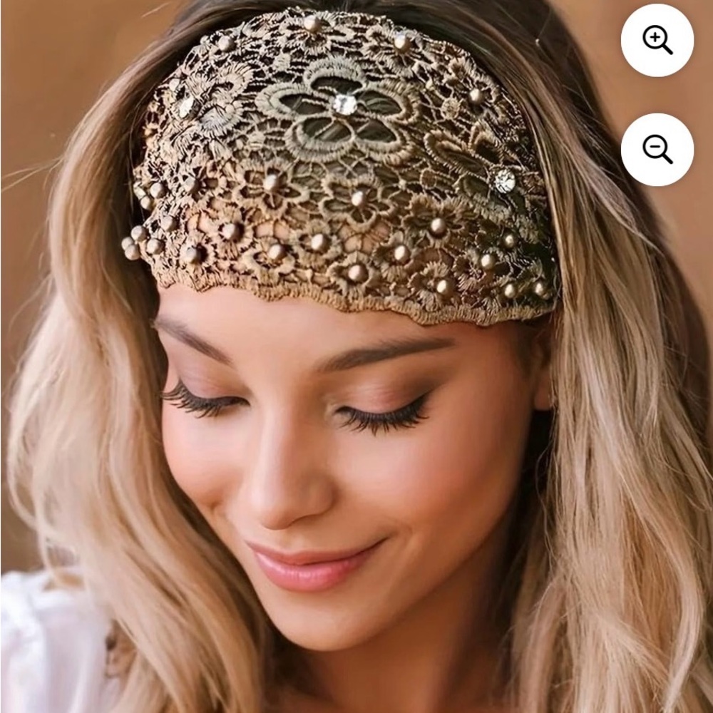 Crochet Lace Boho Wide Milk Chocolate Brown Headband with Rhinestones & Pearls